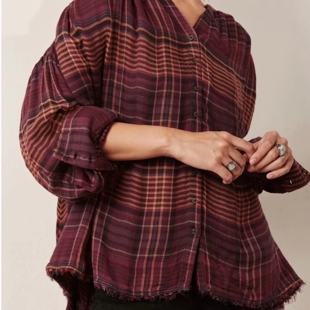 Free People Come On Over Plaid Tunic Swing Plaid Button Down XS Boho Fall